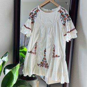 Free People White Dress with Red and Blue Embroidery